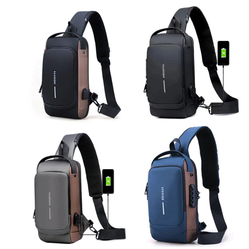 Mochila de Ombro Transversal Compacta Unilateral USB Trava de Código Resistente água