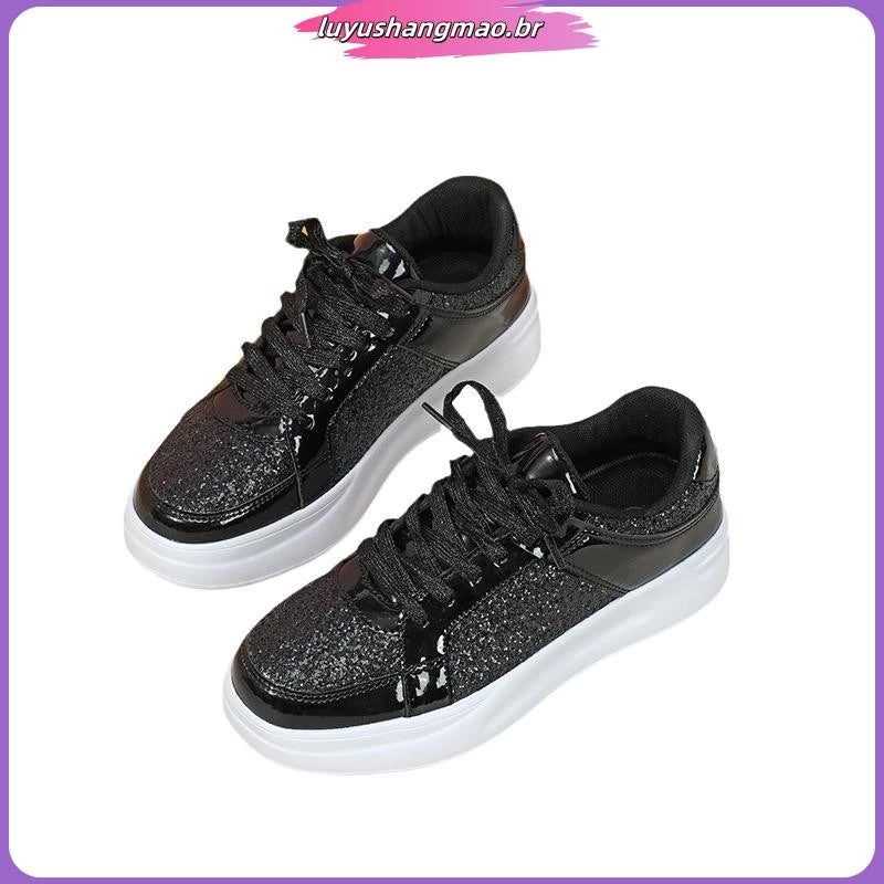Tênis ouro lantejoulas casual sapatos esportivos fundo grosso sapatos vulcanizados