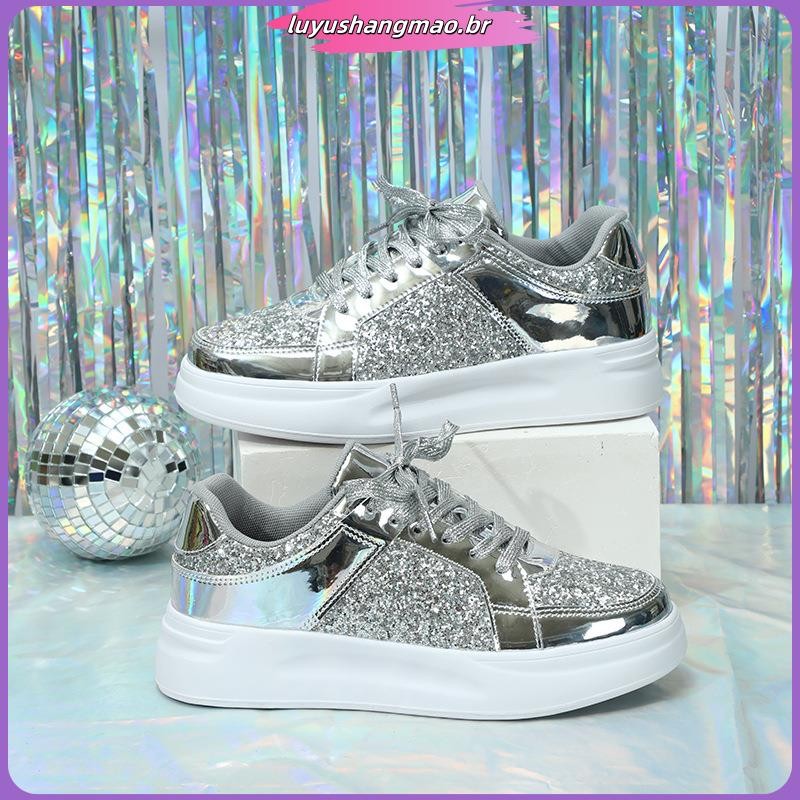 Tênis ouro lantejoulas casual sapatos esportivos fundo grosso sapatos vulcanizados