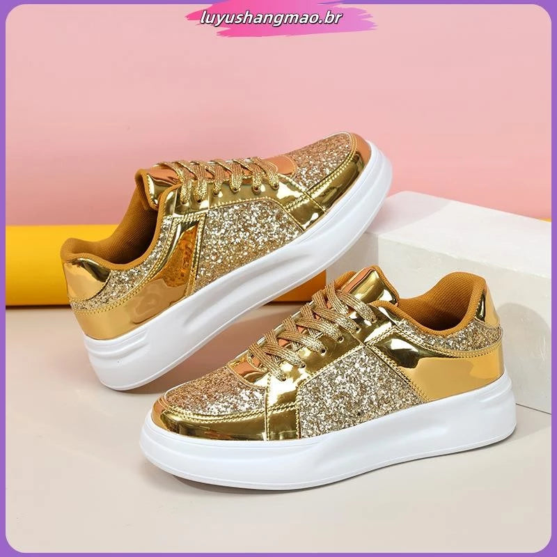 Tênis ouro lantejoulas casual sapatos esportivos fundo grosso sapatos vulcanizados