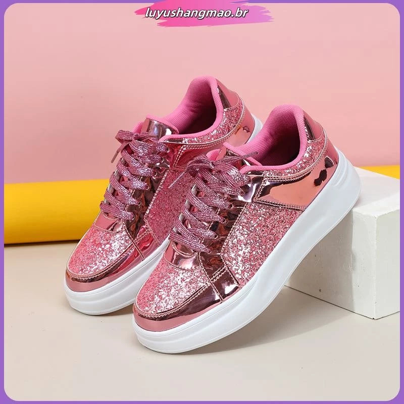 Tênis ouro lantejoulas casual sapatos esportivos fundo grosso sapatos vulcanizados